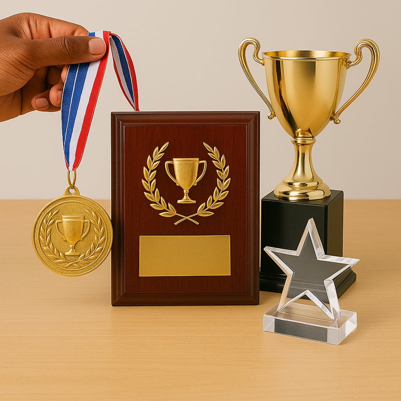 Engraved medal, plaque, trophy and crystal star award
