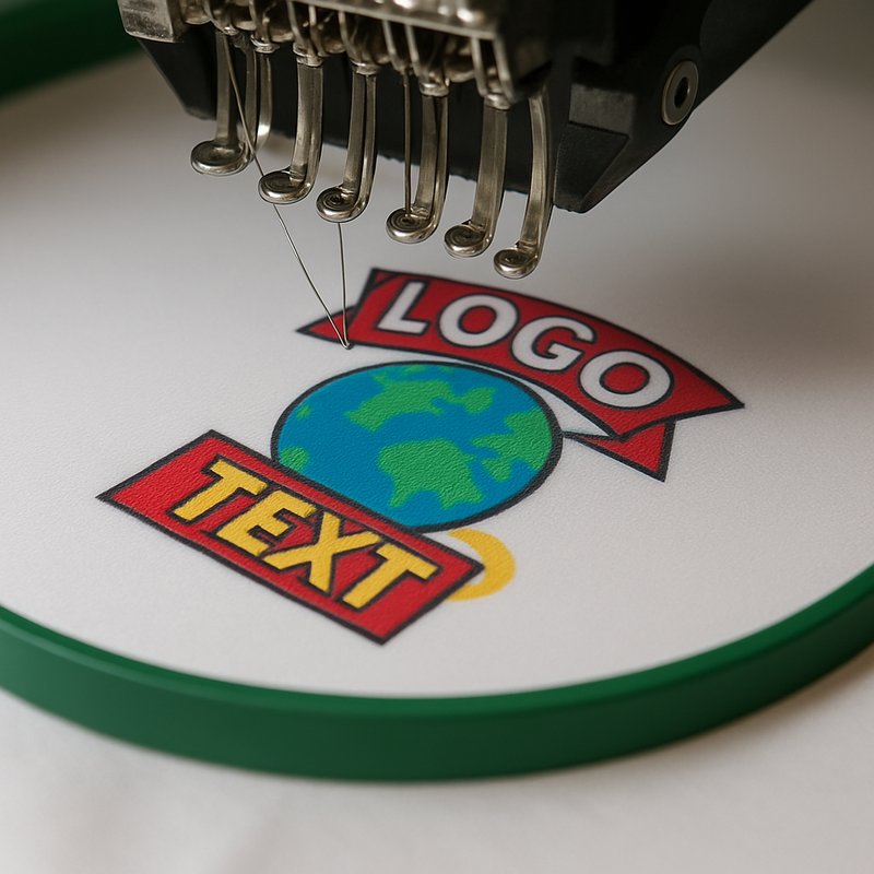 Embroidery machine stitching a logo onto fabric in a hoop