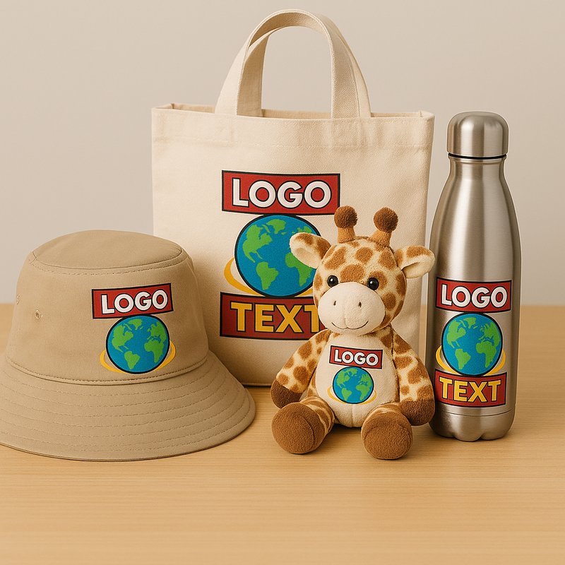 Branded tote bag, bucket hat, soft toy and water bottle