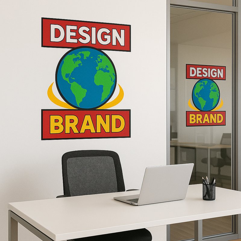 Branded wall signage and window graphics in an office